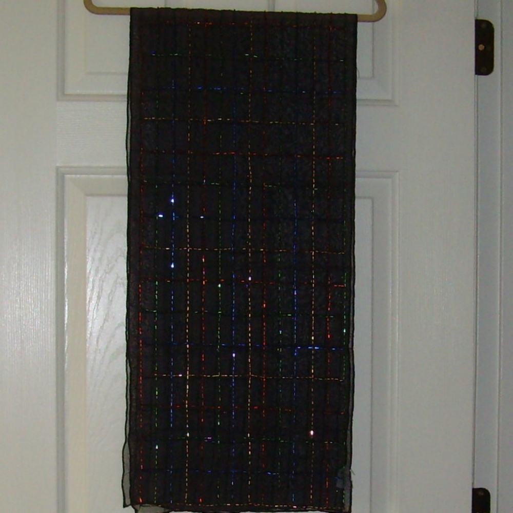 Vintage Elegant Sheer Black Scarf with Tubular Baguettes  58" by 13.5" - Picture 2 of 14